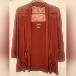 Torrid Brick Red Cardigan with Lace Accent